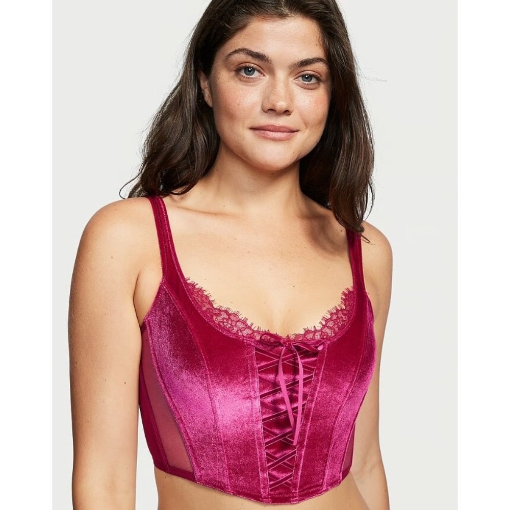 Victoria's Secret Dream Angel Unlined Lace-Up Velvet Corset Top Bra pink fuschia
